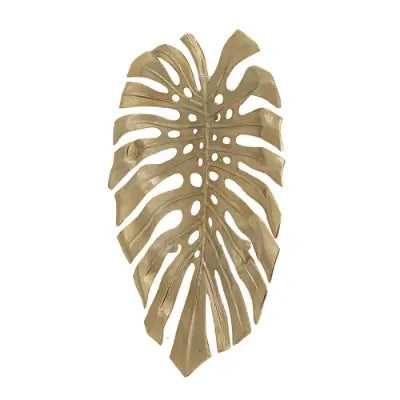 Gold-colored metallic monstera leaf wall decor combining elegant design with durable material for stylish home decoration.
