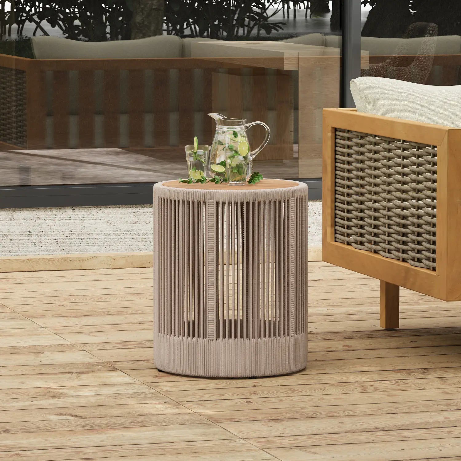 Beige woven rattan side table with a round wooden top from the rustic industrial table set woven rope coffee side table collection.