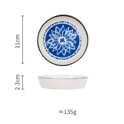 Ceramic floral bone china round serving plate with a white ceramic base, blue floral pattern, black rim, measuring 11cm in diameter and 2.3cm deep.