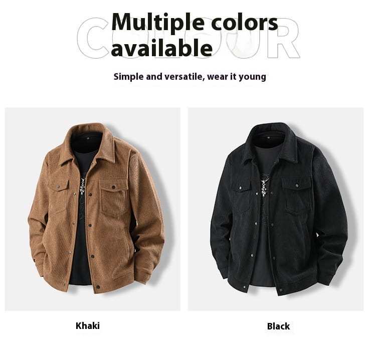 Herren-Cordjacken im Casual-Stil in Khaki und Schwarz mit vorderseitigen Knopftaschen für einen stilvollen und zugleich praktischen Look.