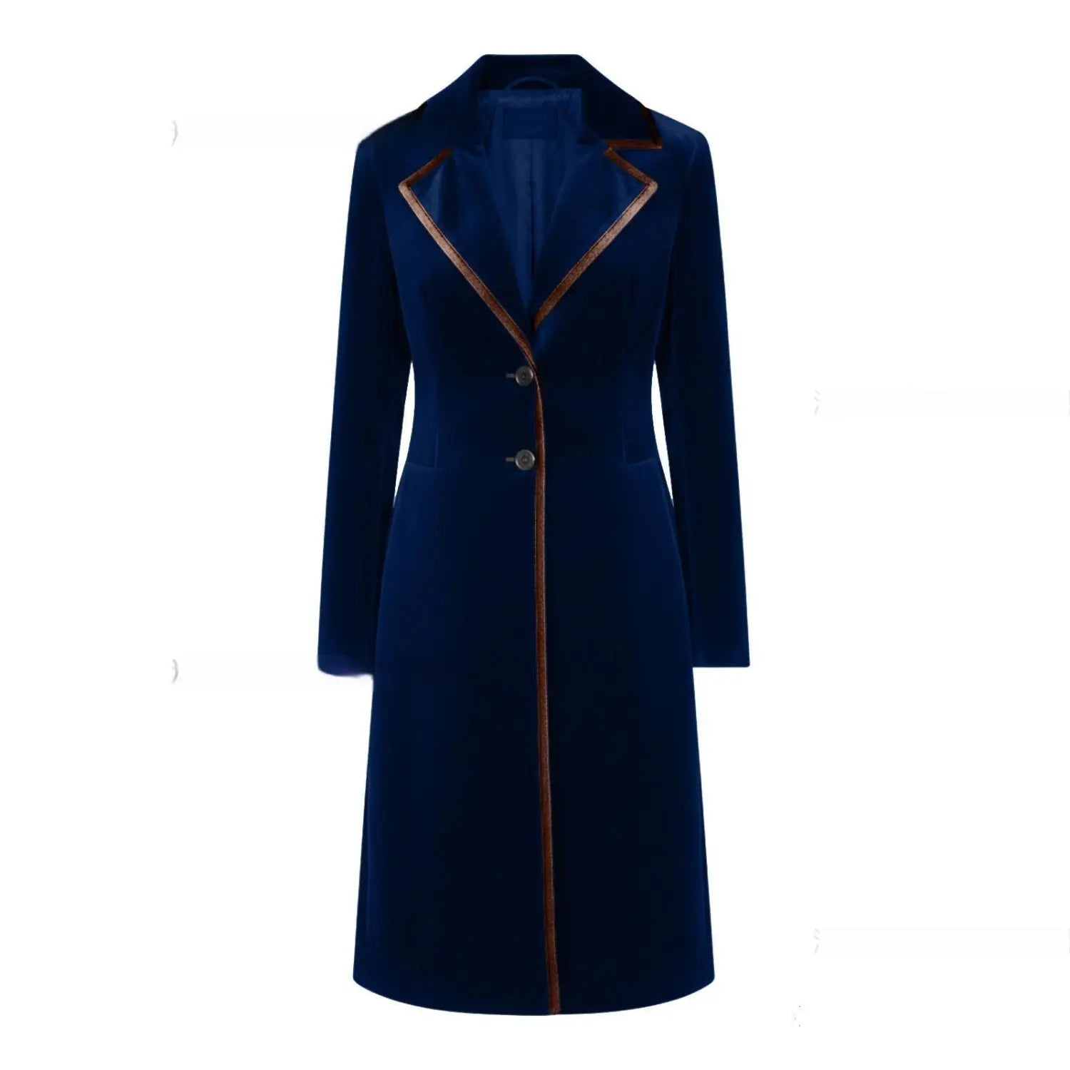 Manteau en velours bleu marine profond pour femmes, avec une bordure en cuir marron contrastante le long du col et de la patte de boutonnage.