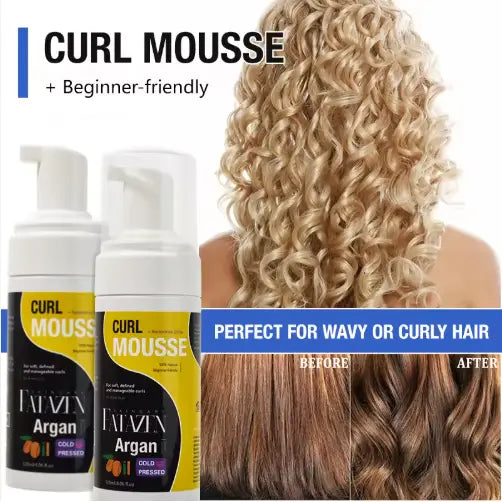 Two white pump bottles of Faiyin Argan curl mousse with yellow and black labels showing a before-and-after hair transformation image for argan oil curl mousse strong hold hair styling foam.