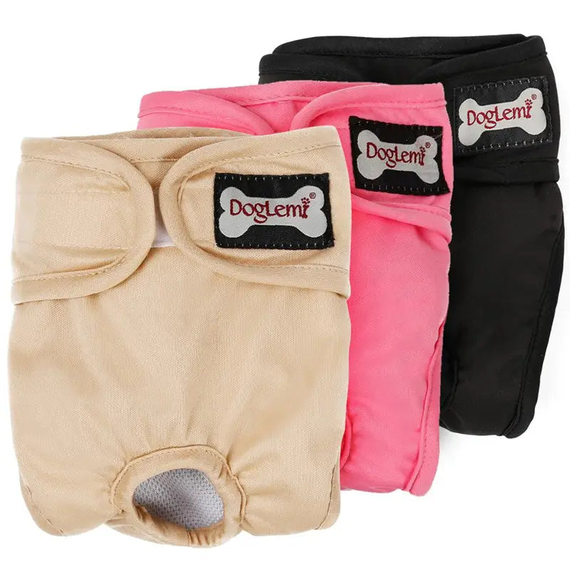 Beige pink and black doglemi brand breathable female dog diapers with adjustable velcro closures made of reusable material for physiological use.