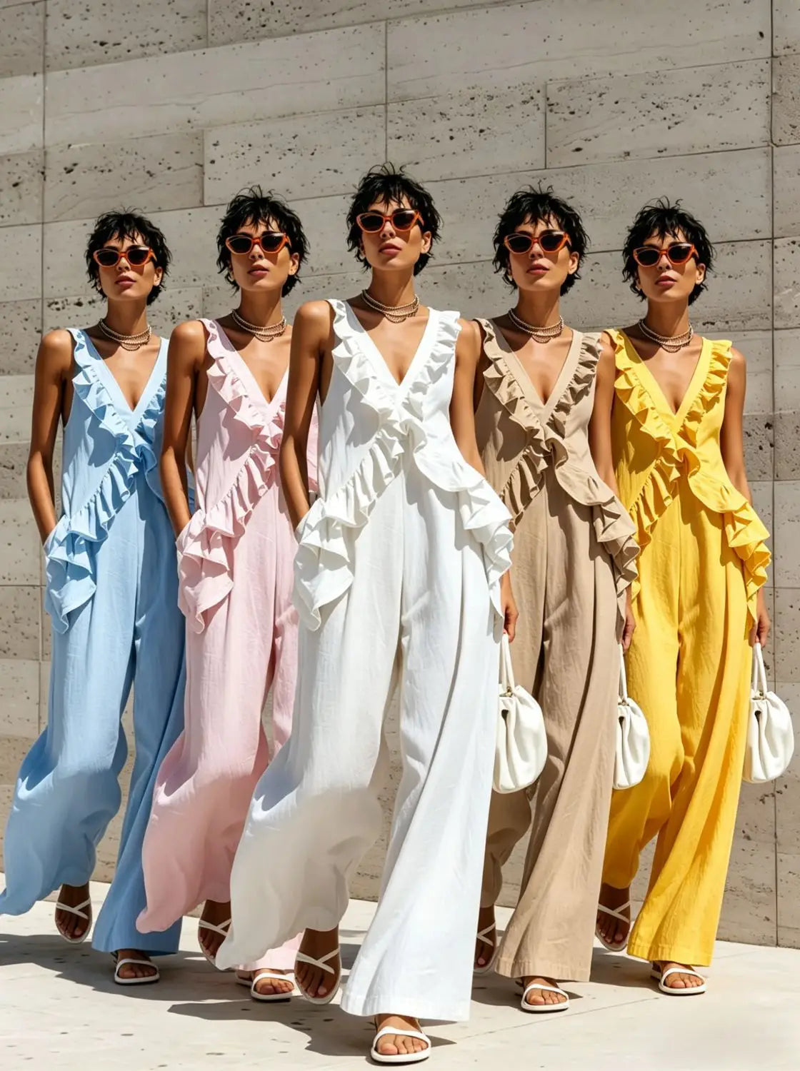 A set of five women wearing matching ruffled v-neck resort jumpsuits in pastel blue pink white beige and yellow.
