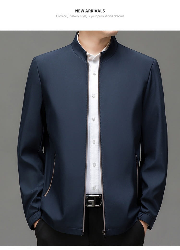 Navy blue lightweight men casual polo bomber jacket featuring silver zipper accents and subtle side pockets.