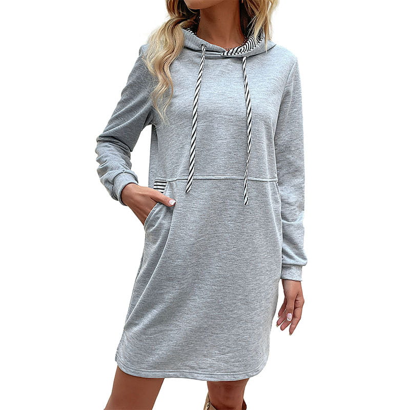 A soft heather gray hooded dress made of comfortable fabric featuring striped drawstrings and side pockets for casual wear.