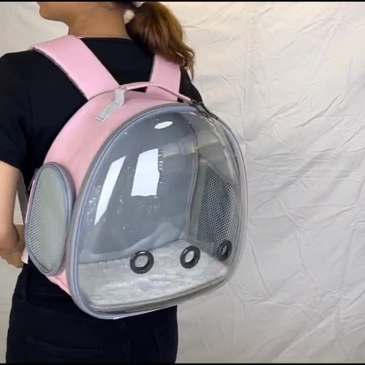 Small animal travel backpack transparent pink carrier with a dome window and mesh side panels for ventilation.