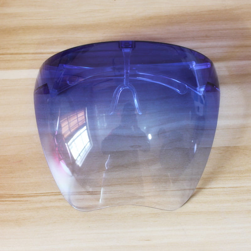 Multifunctional anti-splash iridescent shield sunglasses with a translucent blue face shield featuring a clear curved visor and an adjustable headband.
