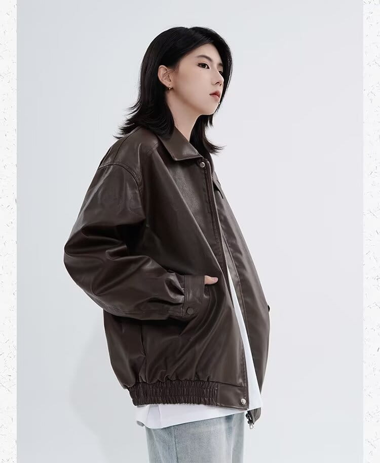 Dark brown faux leather bomber jacket with a relaxed fit and elasticated waistband for men outerwear.