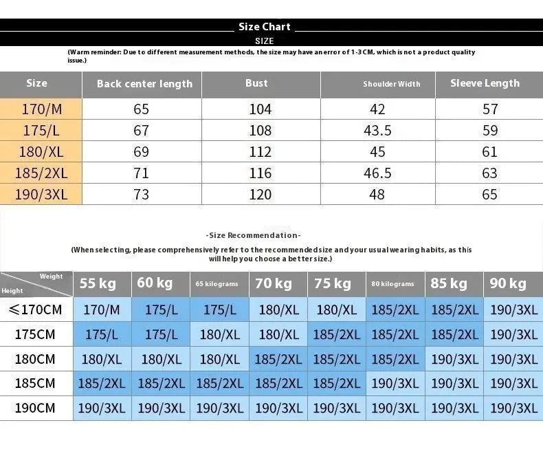 Size chart for men’s sheepskin leather jacket with thin fleece lining showing measurements in centimeters for women’s clothing sizes across various weight categories.
