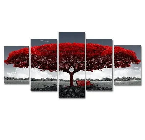Wandkunst auf Leinwand mit rotem Baum, mit einem kräftigen roten Baum, weit ausladender Krone und markantem schwarzem Stamm, auf einer mehrteiligen Fünf-Panel-Landschaft in Monochrom-Optik, geeignet für die Wohnraumgestaltung.