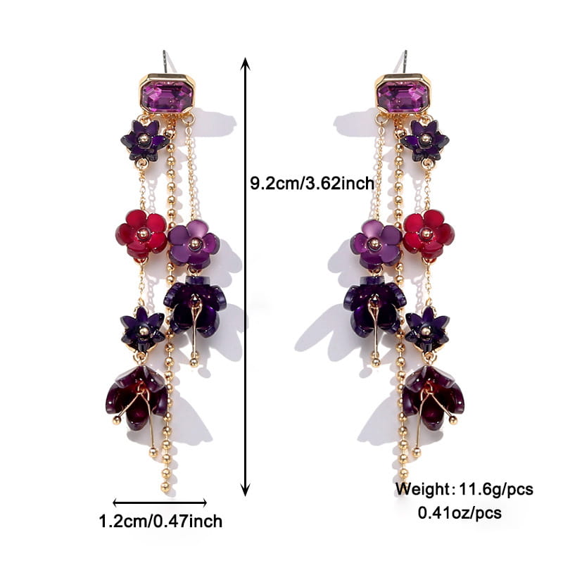 gold layered choker featuring purple and red cascading acrylic flower earrings with gold-toned chains