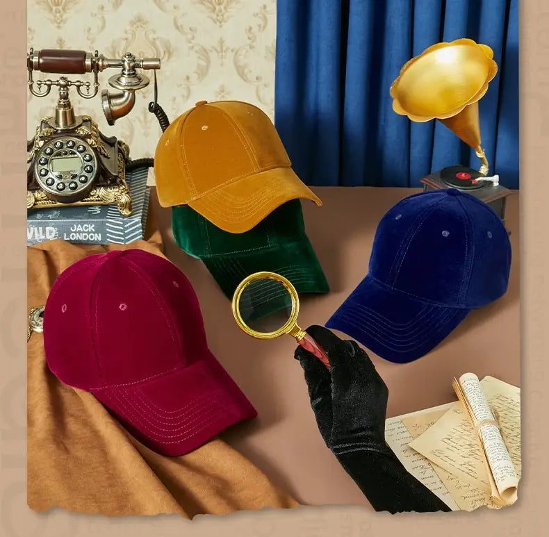 A collection of men suede baseball caps in thickened velvet material featuring mustard yellow, deep green, rich burgundy, and royal blue colors suitable as winter hats.