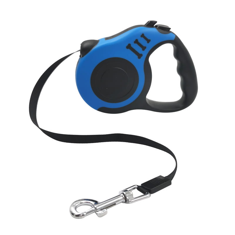 Retractable dog leash with ergonomic handle in blue and black featuring a sturdy metal clasp for secure control.