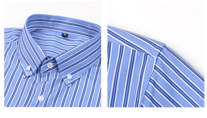 Camisa de vestir abotonada de manga larga a rayas azul y blanca con cuello clásico, adecuada para vestimenta formal y casual.