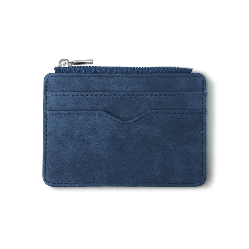 Navy blue pu leather zippered card holder wallet for men featuring a silver zipper pull.