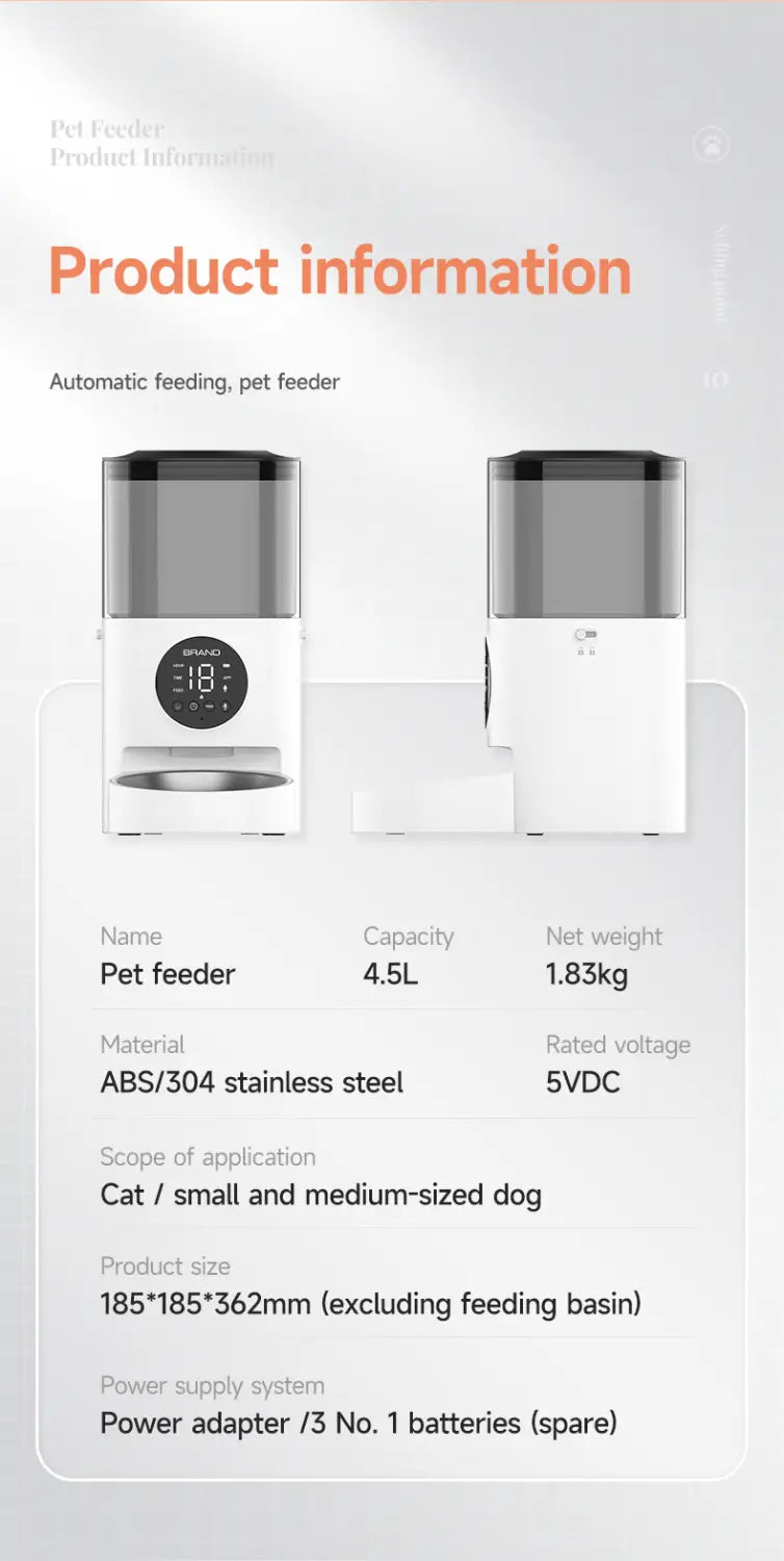Distributeur pour animaux domestiques intelligent Wi-Fi blanc avec écran numérique et compartiment d’alimentation transparent conçu pour chats et chiens, d’une capacité de 4,5 litres.