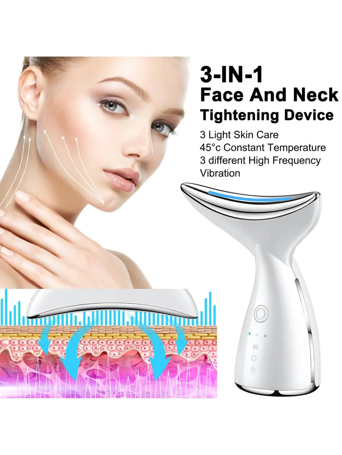 Weißer und silberner 3-in-1-LED-Gesichts- und Nackenstraffer mit straffender Massagewirkung, mit elegantem geschwungenem Design zur Faltenentfernung.