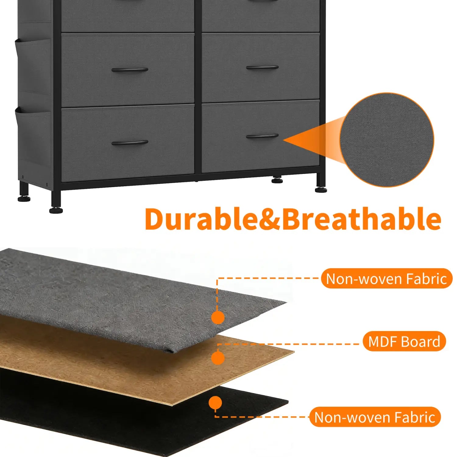 gray six-drawer fabric organizer with black metal frame and handles constructed from non-woven fabric over mdf board for versatile storage in a 10-drawer fabric dresser with side pockets and hooks