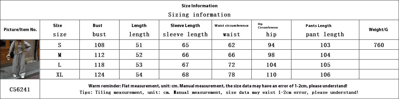 Size information table in centimeters for the women’s knit zip up cardigan and wide leg pant set item c56241 listing measurements from size s to xl.