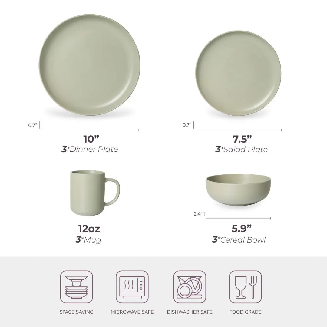 ensemble de vaisselle en grès cérame vert sauge minimaliste, comprenant des assiettes, une tasse et un bol à céréales, pour trois personnes, dans un lot de 12 pièces