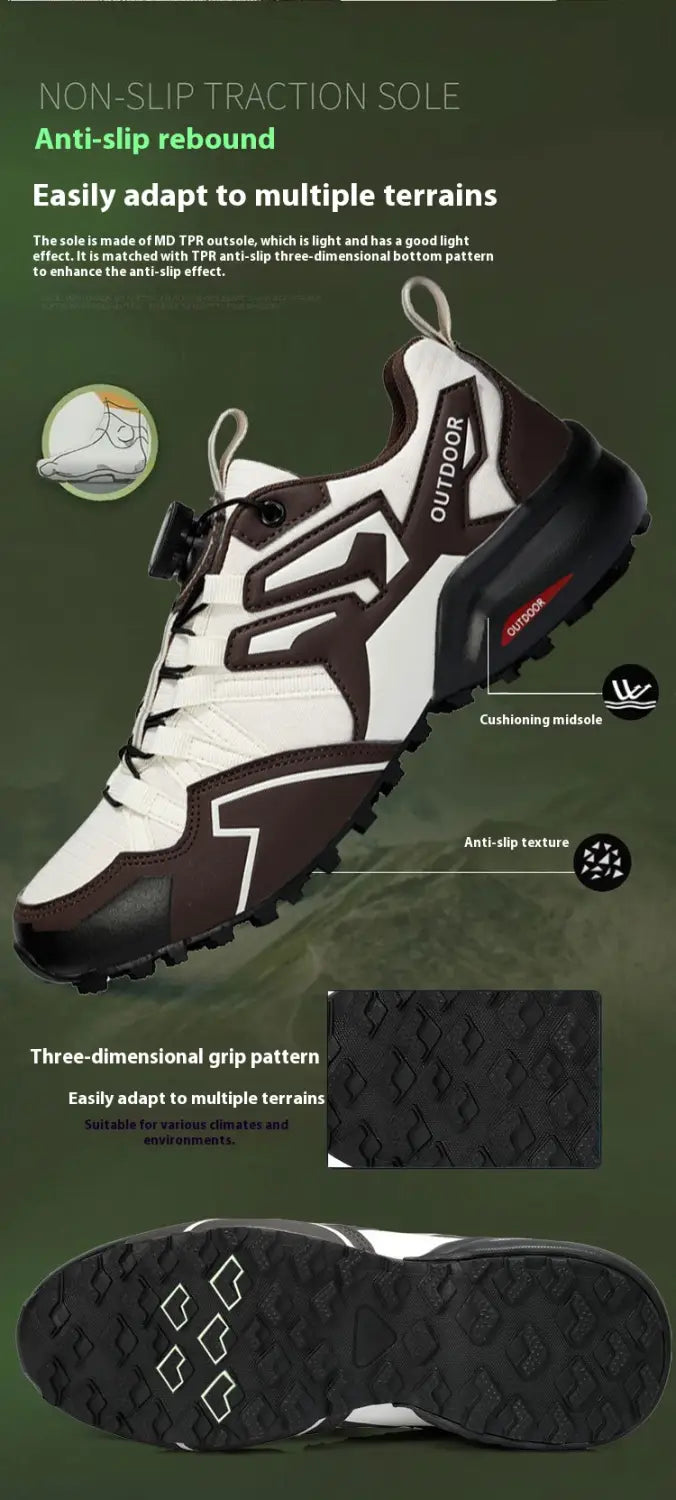 White and brown x111 lightweight off-road breathable hiking shoe with a black sole featuring an anti-slip traction design.