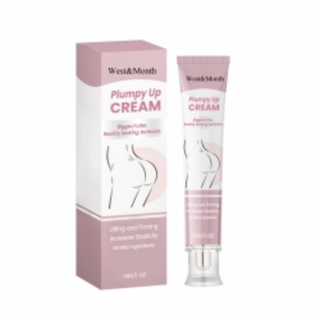 pink and white west and month plumpy up buttock cream firming and lifting 30g tube with clear cap displayed next to its matching box