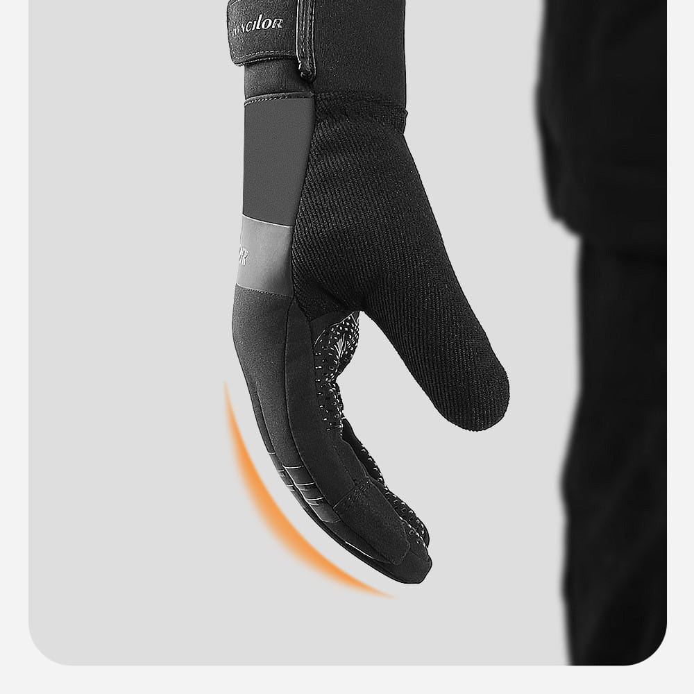 Black insulated waterproof touchscreen ski glove with gray accents textured finger grip and velcro wrist strap shown from the back side