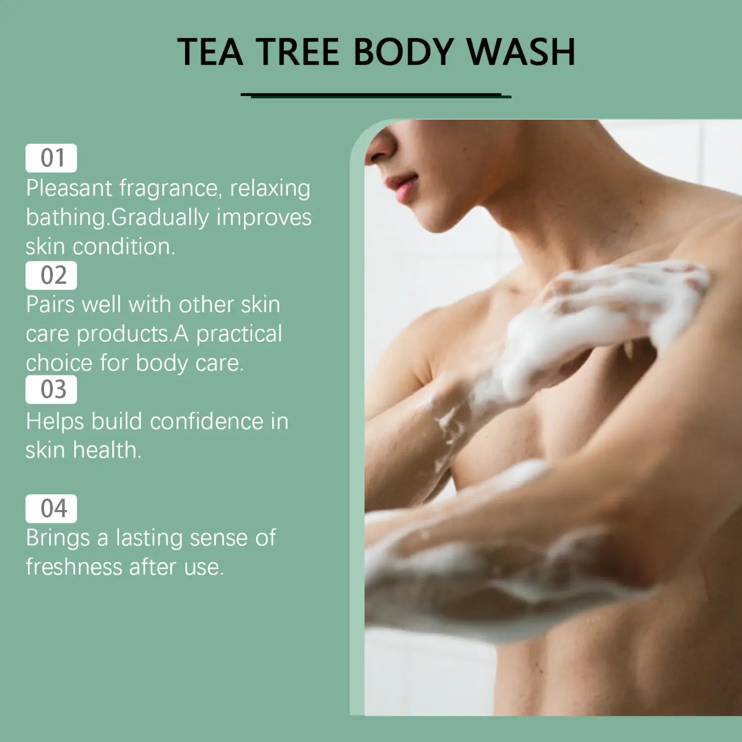 Tea tree body wash moisturizing skin cleanser 100ml in a clear bottle with white foam being lathered on skin.