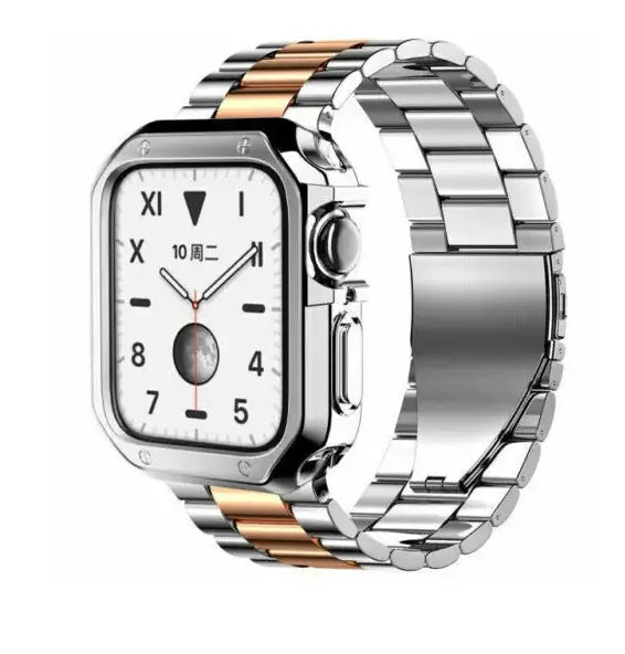 A sleek two-tone stainless steel apple watch band with silver and rose gold accents featuring an integrated tpu case design.