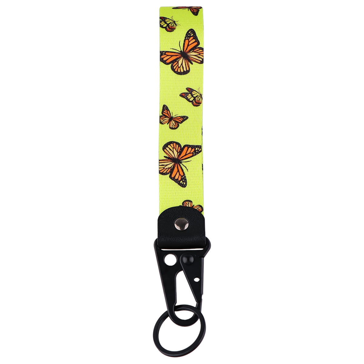 A lime green fabric butterfly wrist strap keychain with a repeating orange monarch butterfly pattern attached to a black plastic carabiner clip with a metal ring.