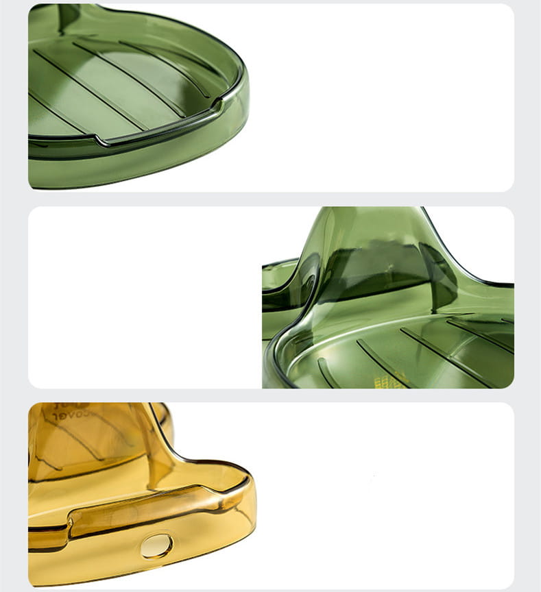 Transparenter grüner und goldfarbener Kunststoff-Topfdeckelhalter für Arbeitsplatten-Organizer-Regal mit geschwungenem flachem Becken-Design.