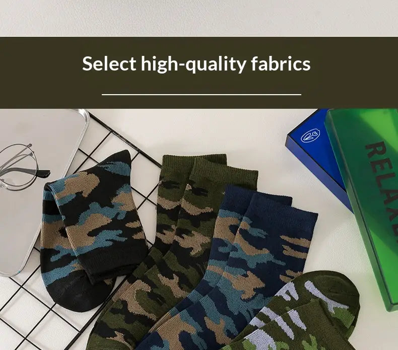 Camouflage military training socks for men in green brown and blue tones made from high-quality fabric featuring a durable camouflage pattern.