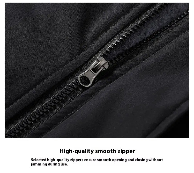 Men plus size warm winter hooded jacket in black fabric featuring a sleek metallic silver zipper with smooth teeth and a polished pull tab.