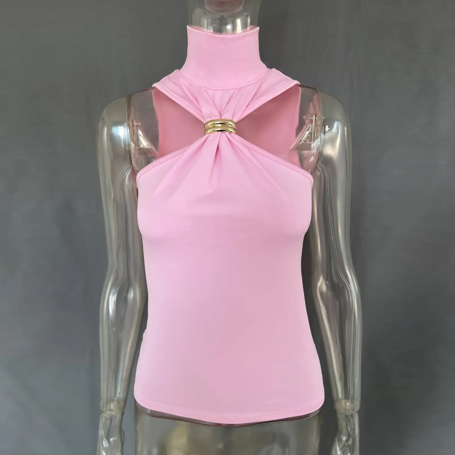 Pink gold ring halter stretch top featuring a high neck and gold-toned metallic clasp at the neckline.