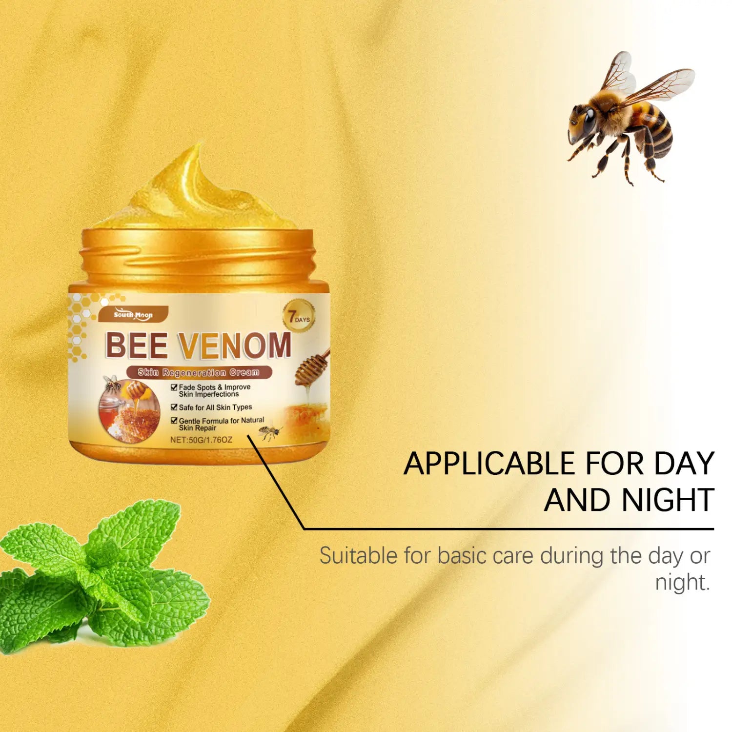 golden jar of bee venom skin regeneration cream with a yellowish cream swirl on top for neck and face use