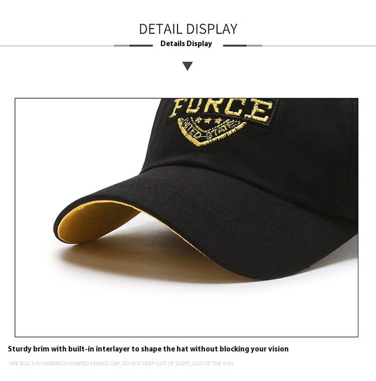 Black baseball cap with gold embroidered force patch and matching gold brim trim New York Force embroidered baseball cap