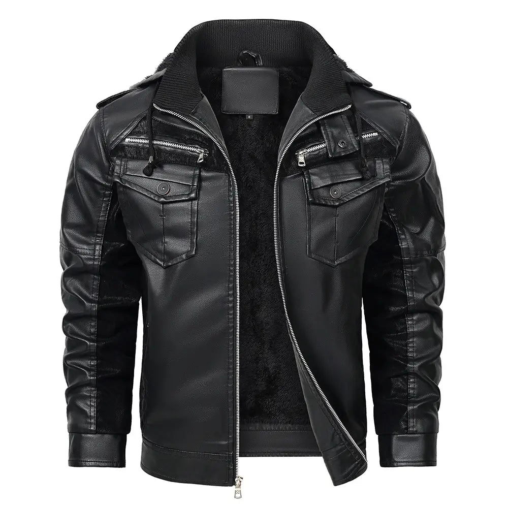 Chaqueta tipo moto de cuero sintético negra para hombre, de invierno, de PU, con cuello acolchado forrado en forro polar y cremallera frontal.