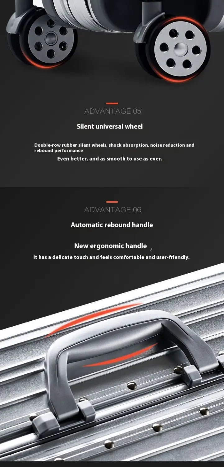 Silver aluminum magnesium luggage hardshell spinner suitcase with black ergonomic handle and red accented wheels.