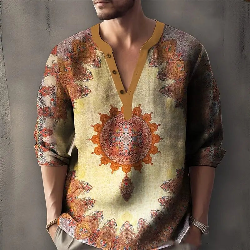 Una camisa de lino para hombre de manga larga con cuello en V, con un vibrante y detallado patrón de mandala en tonos de naranja y beige sobre tejido con textura.