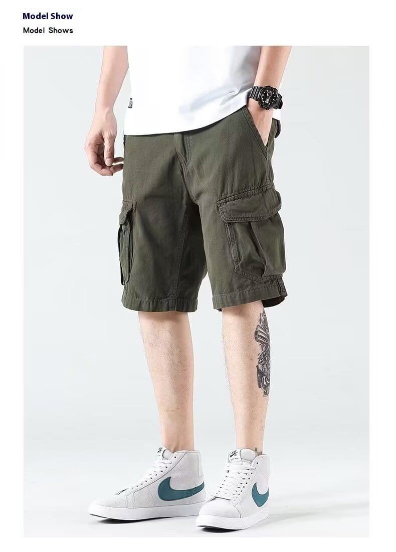Men’s relaxed fit olive green cargo shorts made of durable fabric featuring multiple functional pockets for casual outdoor use.