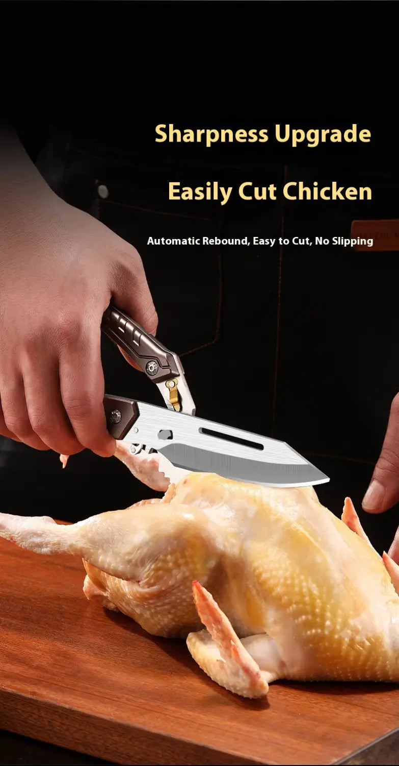 Silver and black folding chicken bone scissors made of stainless steel with a sharp serrated blade designed for easy chicken cutting.
