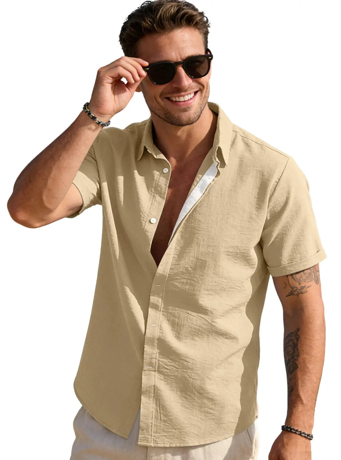 Beige men’s textured bamboo linen short sleeve button down shirt with subtle textured weave and white inner collar.