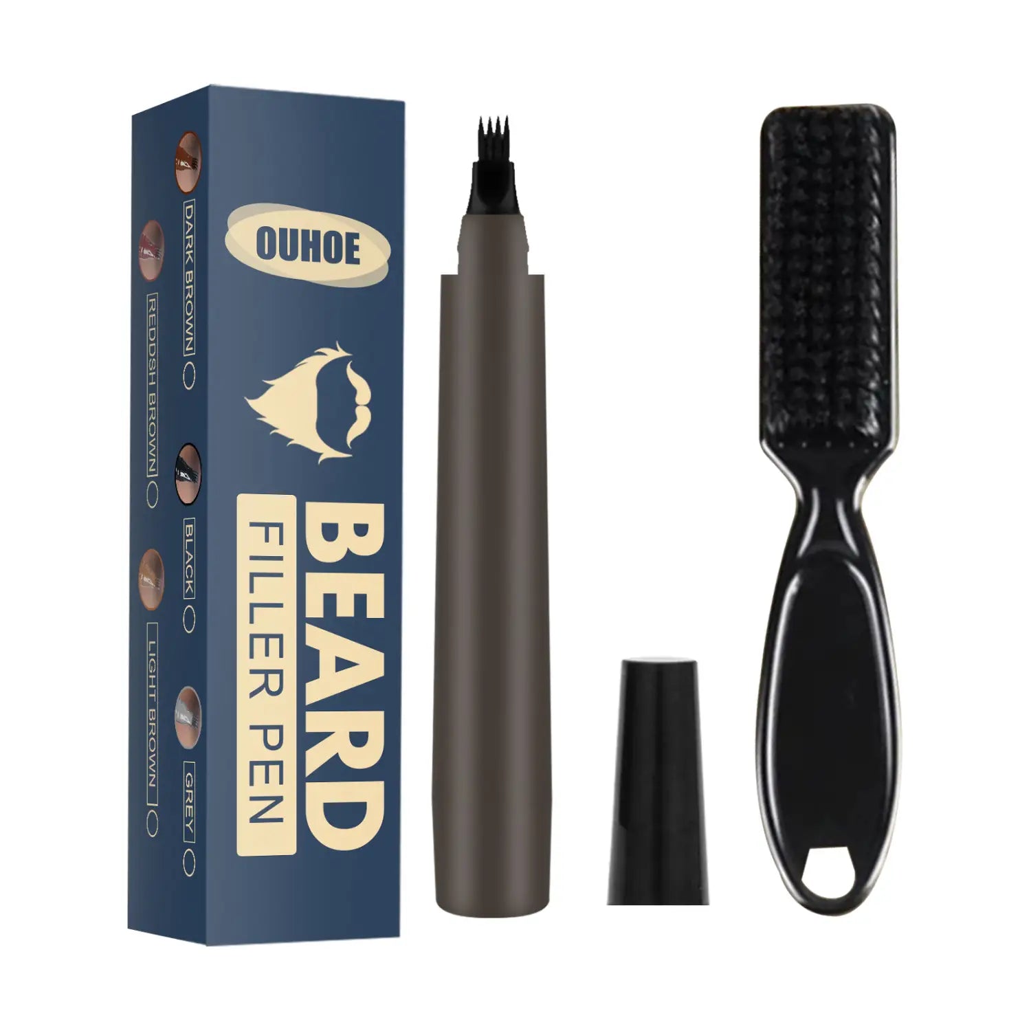 Ouhoo Bartfüller-Stift-Set: Ein wasserfester fleckiger Bartstift mit elegantem dunkelbraunem Schaft, einem fein zulaufenden Applikator und einem schwarzen Pinsel zum Pflegen.