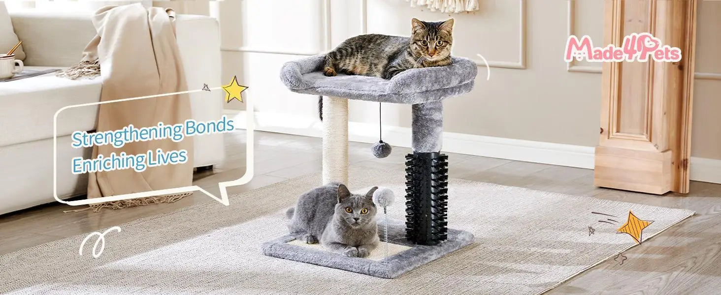 Gray plush cat tree tower with sisal scratching posts and a dangling toy for cat enrichment and scratching.