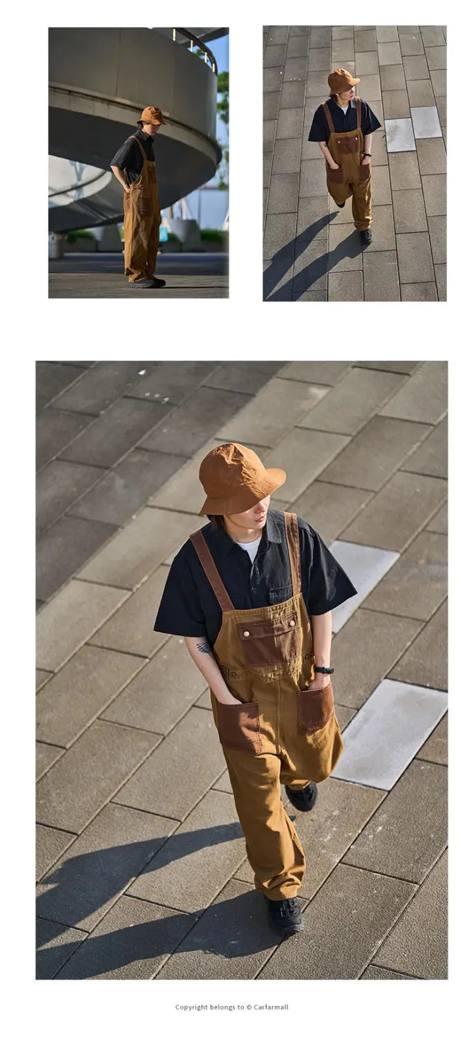 Brown corduroy overalls with dark brown straps and patch pockets featured in khaki retro suspender overalls product.