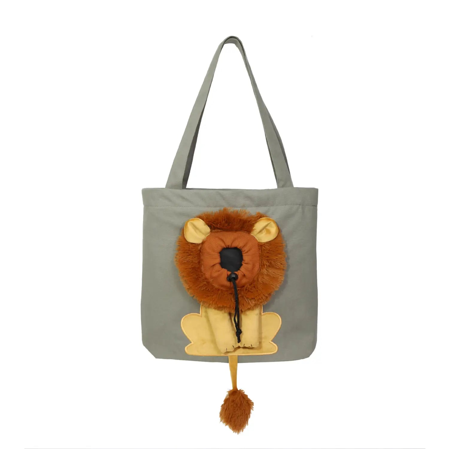 Gray tote bag portable pet carrier featuring a plush lion face with brown fur yellow ears and paws and a matching pom-pom tail.
