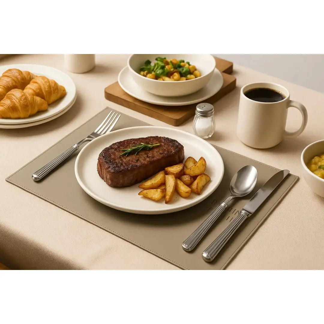 Plato de cerámica blanca de un juego de vajilla de gres de 12 piezas con tazas para 3, que contiene un filete sellado con romero y gajos de papa asada.