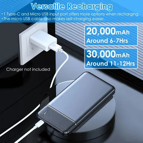 Batterie externe rectangulaire noire de 20000 mAh avec charge rapide, panneau avant texturé et double ports USB pour la charge des appareils portables.