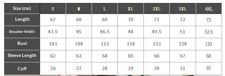 Size chart table for mens wool stand collar slim blazer jacket displaying measurements in centimeters across sizes s through 4xl.
